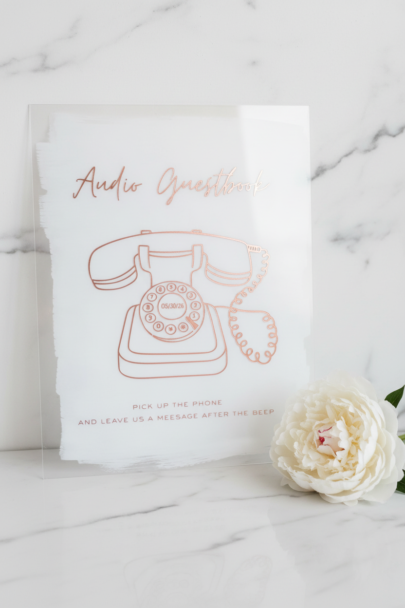 Audio Guestbook Sign – White Marble, Rose Gold