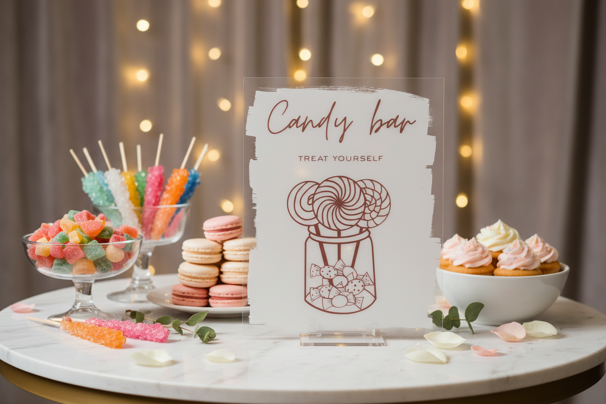 Candy bar sign in elegant party setting