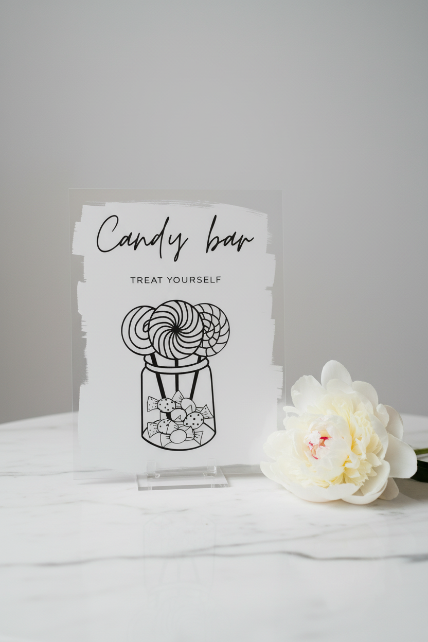 Candy Bar Sign – White Marble, Black