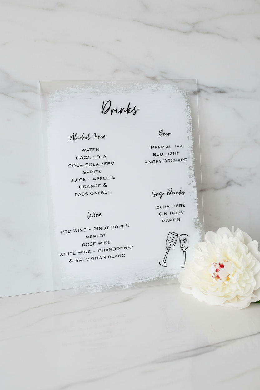 Drinks Menu Sign – White Marble, Black