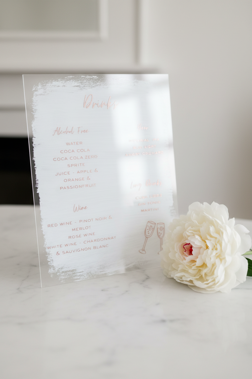 Drinks Menu Sign – White Marble, Rose Gold