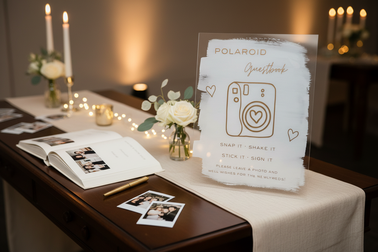 Golden polaroid guestbook sign in elegant event setting