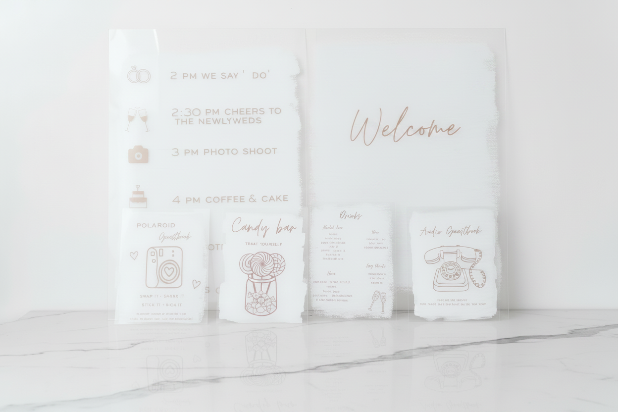 Custom acrylic sign package with six frosted acrylic sheets on white marble background