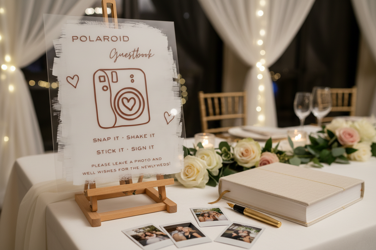 Polaroid guestbook sign in elegant event setting