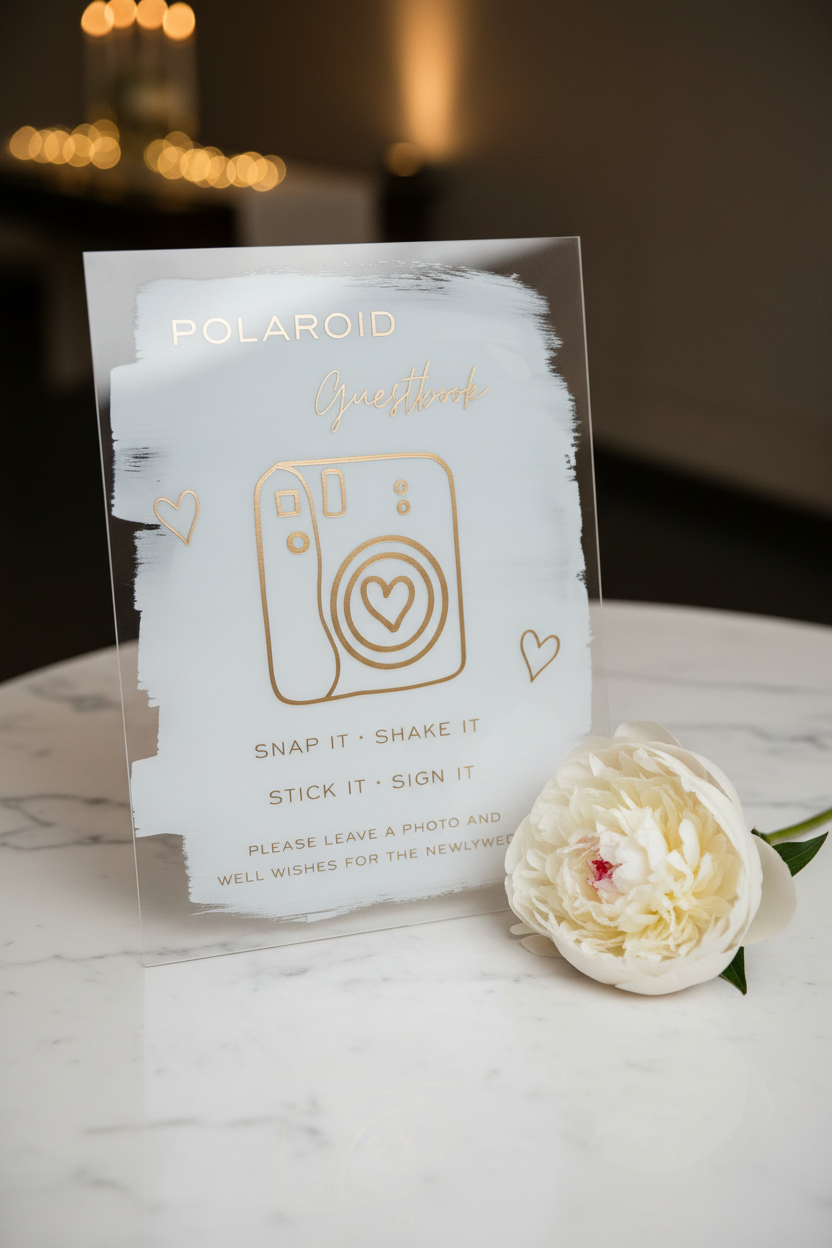 Polaroid Guestbook Sign – White Marble, Gold