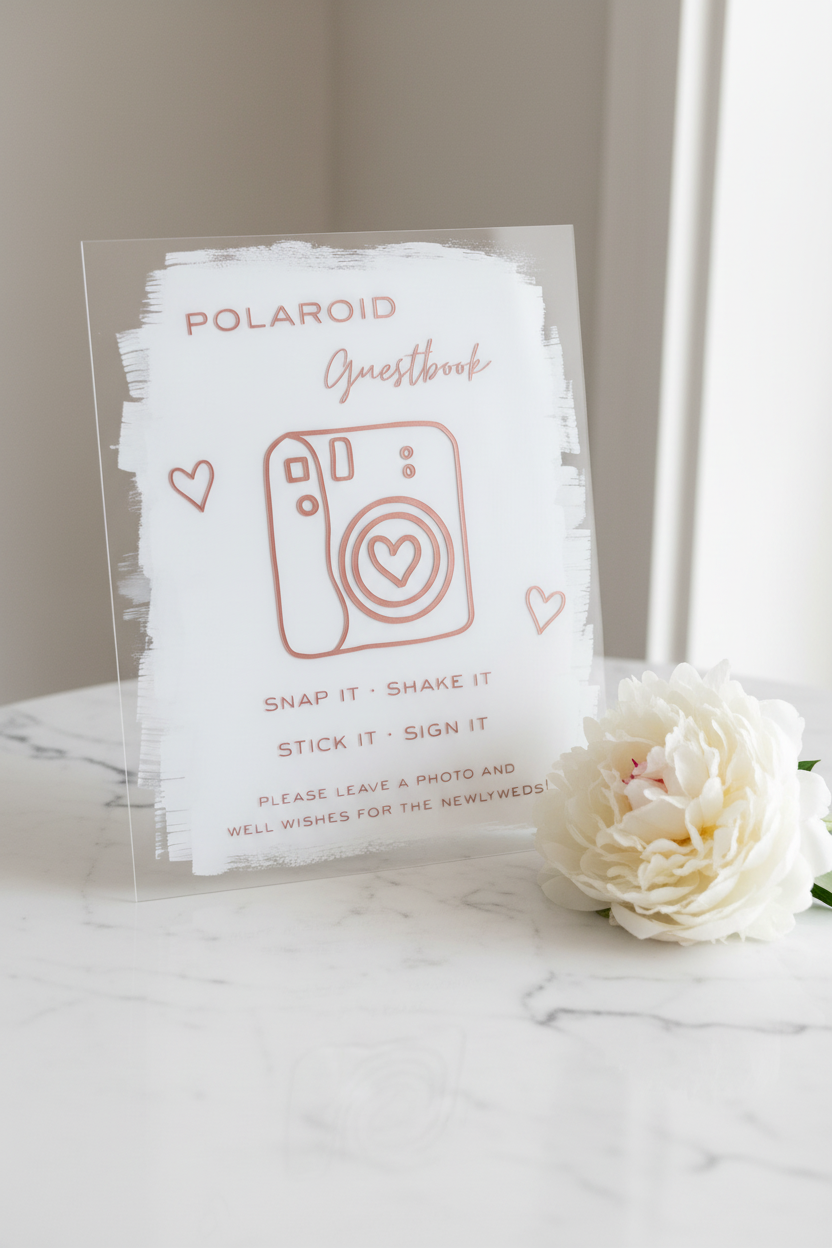 Polaroid Guestbook Sign – White Marble, Rose Gold