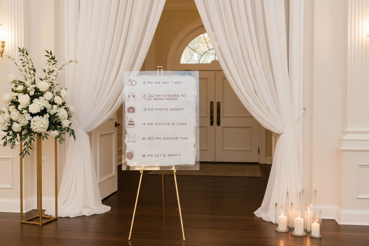 Wedding timeline sign in elegant venue setting