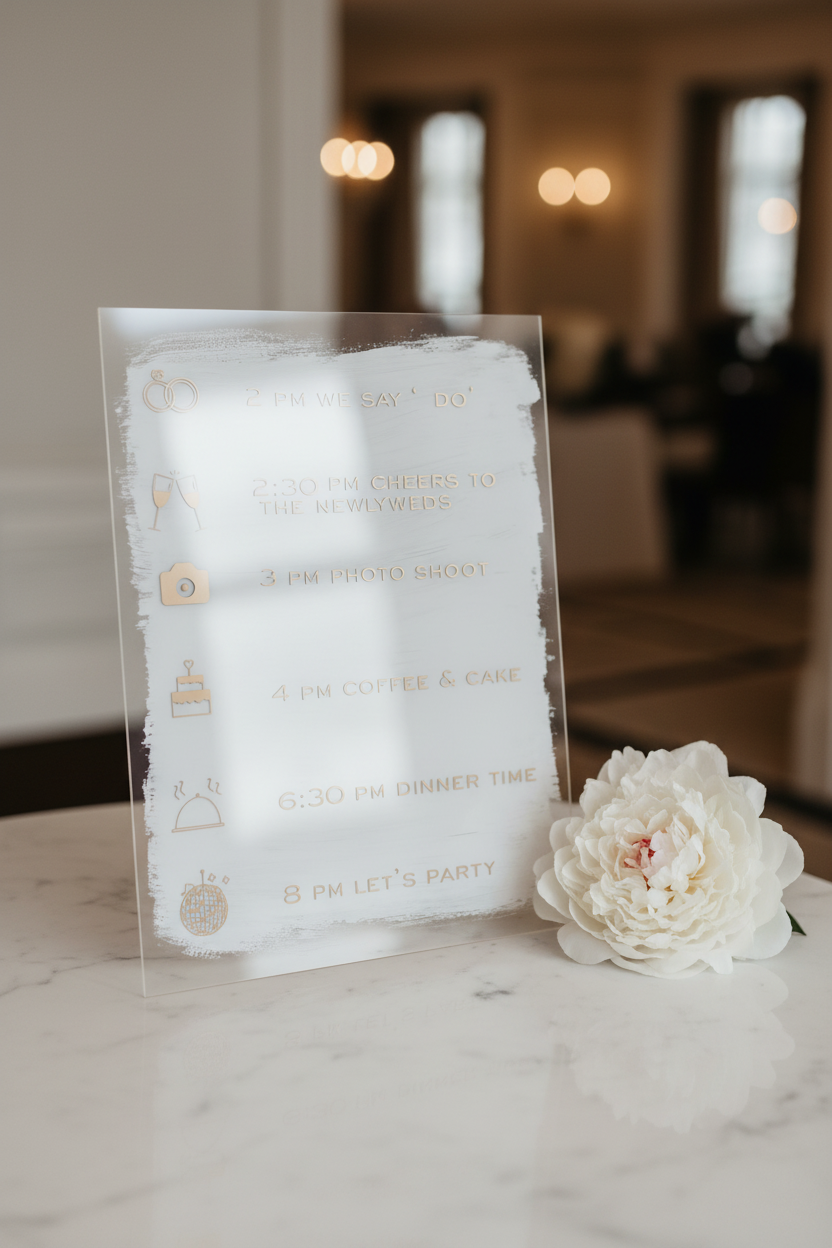 Wedding Timeline Sign – White Marble, Gold