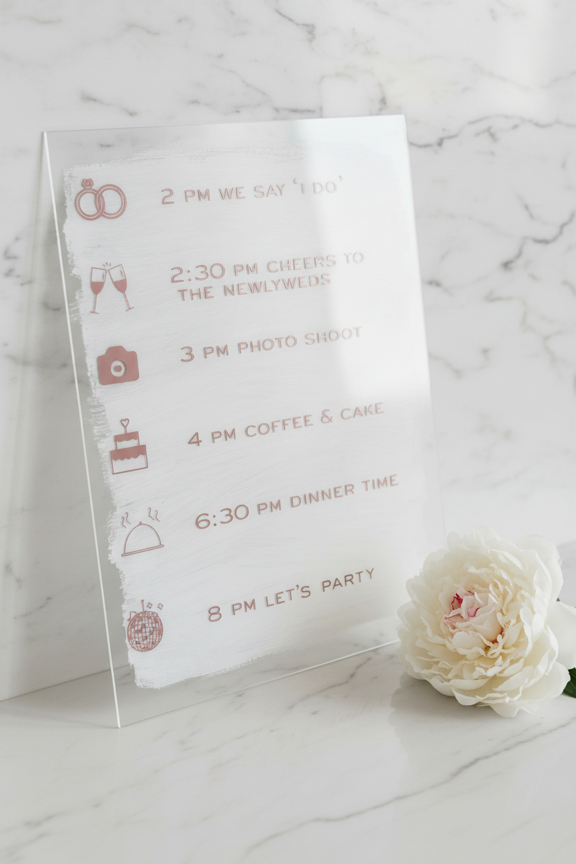 Wedding Timeline Sign – White Marble, Rose Gold
